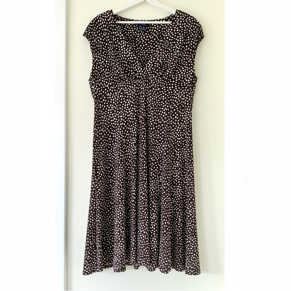flowy dark brown with white dots v-neck cap sleeve midi dress